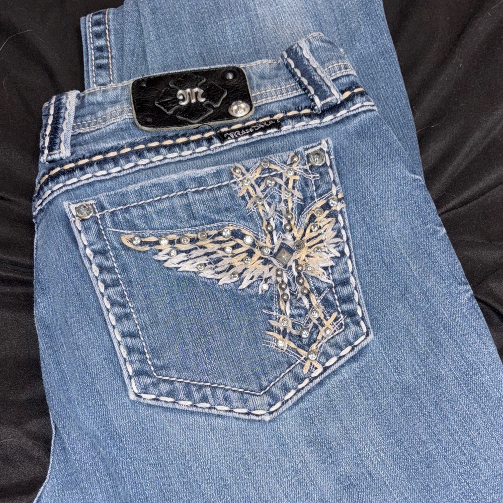 Vintage Miss Me Light Blue Boot Cut Jeans with Silver Embellishments